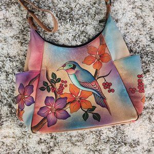 Anna by Anuschka Women's Hand Painted Large Multi Pockets Bird Hobo 8060